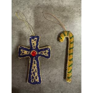 Multicolored handmade beaded ornaments - cross and candy cane